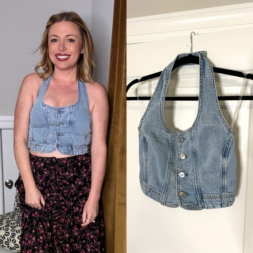 AE Cropped Denim Halter Top- Small